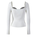 Unique Heart Stones Collar Long Sleeve Street Women Knitted Slim Sweater Tops