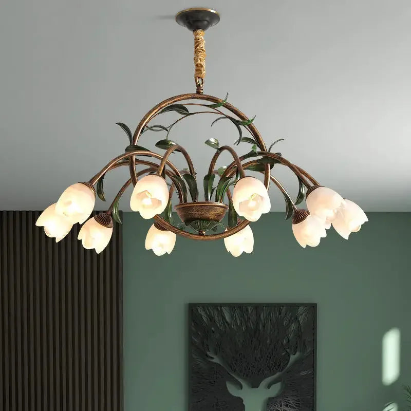 Nordic Decoration Chandelier Floral Wedding Pastoral Green Leaf Flower Glass Led Pendent Lamp