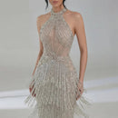 Sliver Dresses Halter Neck Sleeveless Evening Dresses Glitter Sequins and Tassel Prom Gown