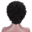 Black curly wig on a mannequin head against a white background, Obroi