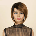 A Obroi 100% human hair wig with a short, layered bob cut and side-swept bangs, styled in dark brown with warm caramel highlights, shown on a mannequin head against a light beige background, Obroi