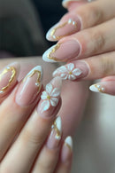 24pcs Flower Long Almond Press on False Nails Sets Reusable Art Pearl French Full Cover Nail Tips