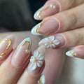 24pcs Flower Long Almond Press on False Nails Sets Reusable Art Pearl French Full Cover Nail Tips
