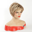 Mannequin head with a blonde wig and red outfit on a white background, Obroi