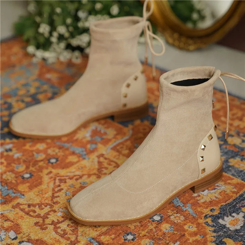 Winter Women Plush Ankle Boots Beige Stretch Casual Lady Square Toe Low Block Heel Lace Up Rivet Short Boots