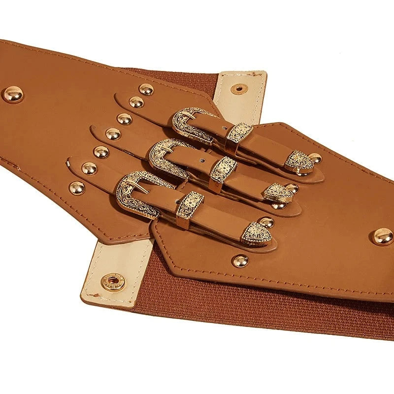 Vintage Carved Buckle Women's Belt Rivet Snap Button Elastic Wide Belt