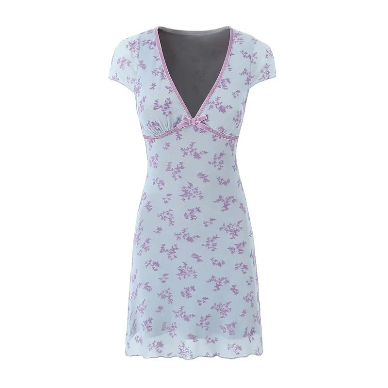 Deep Floral Mini Dress with Bow Tie Slimming Mesh a Line Skirt Casual Women's Clothing Spring Autumn