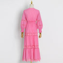 Women Embroidery Flower Lace Patchwork Midi Long Party Dresses Lantern Sleeve Chic