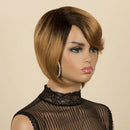 A short, layered bob wig with dark brown roots and warm blonde highlights, styled on a mannequin head against a solid beige background. The brand logo 'Obroi 100% HUMAN HAIR' is visible in the top left corner.