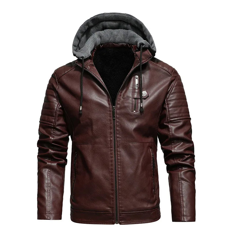 Motorcycle Hoodie Leather Jacket Men Solid Fleece Casual Windbreaker Jackets Slim Military Tactical Thick Coats Winter