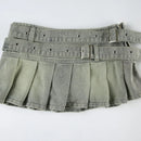Vintage Low Waist Mini Denim Skirt 2025 Summer Fashion Square Buckle Big Belt Pleated Skirt