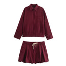 Women Maroon Balloon Mini Skirt Adjustable Drawstring Mid Waist Female Skirts
