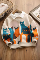 Children's sweatshirt with cat pattern on a wooden surface, Obroi