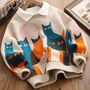 Children's sweatshirt with cat pattern on a wooden surface, Obroi
