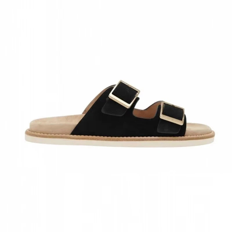 Mens Genuine Leather Slippers Summer Footwear Breathable Beach Shoes Buckle Nubuck Leather Slides