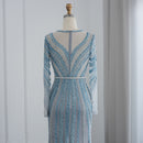 Luxury Dubai Blue Mermaid Evening Dress with Belt Long Sleeves Beaded Women Wedding Formal Party Gowns
