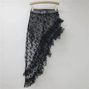 Black floral lace skirt on a hanger against a white background, Obroi
