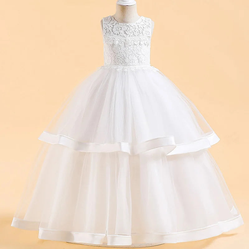 Girls Pink White Bridesmaid Dress For Wedding Lace Flower Appliques Ball Gown Girl Princess Elegant Birthday Party Costumes