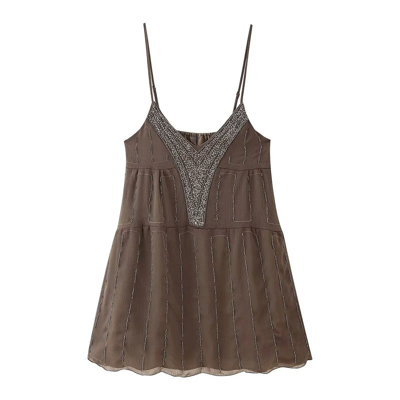 Summer women casual simple versatile beaded sequin embroidered suspender mini dress