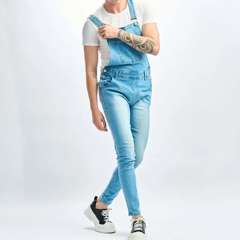Men Simple Slim Jumpsuits Jeans Motorcycle Male Casual Stretch Biker Strap Denim Pants
