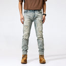 Men Jeans Retro Washed Blue Stretch Slim Ripped Jeans Men Embroidery Patched Denim Pants