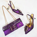 Elegant Women's Peep-Toe Heels and Matching Brown Color Rhinestones Pumps Set Stylish Italian Shoes and Bags for Parties 510-24