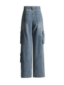 Women Denim Pants Multi Pocket Straight Jeans High Waist Loose Casual Long Denim Trousers Spring Autumn