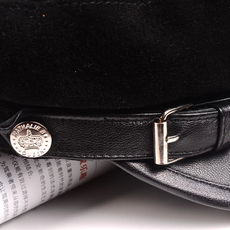 Leather Hats For Men Women Winter Vintage Thin Black Motorcycle Berets Cap With Belt Male Student Cadet
