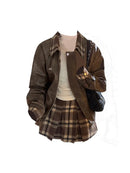 Outfits Clothing Set Office Lady Lapel Collar Vintage Faux Leather Skirt Preppy Style