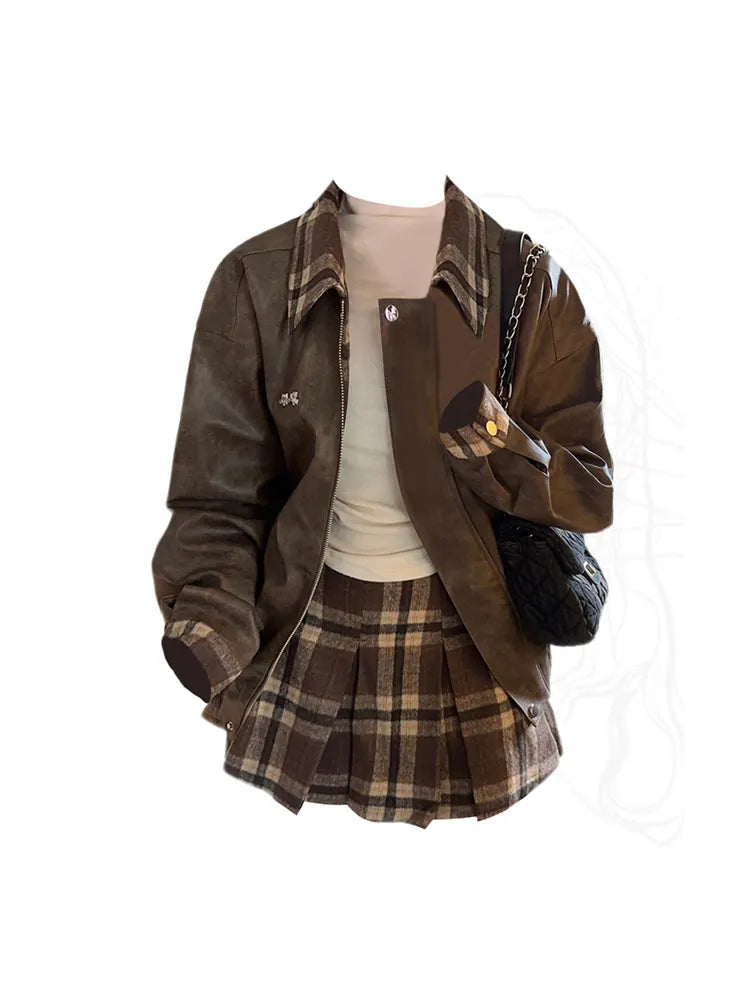 Outfits Clothing Set Office Lady Lapel Collar Vintage Faux Leather Skirt Preppy Style