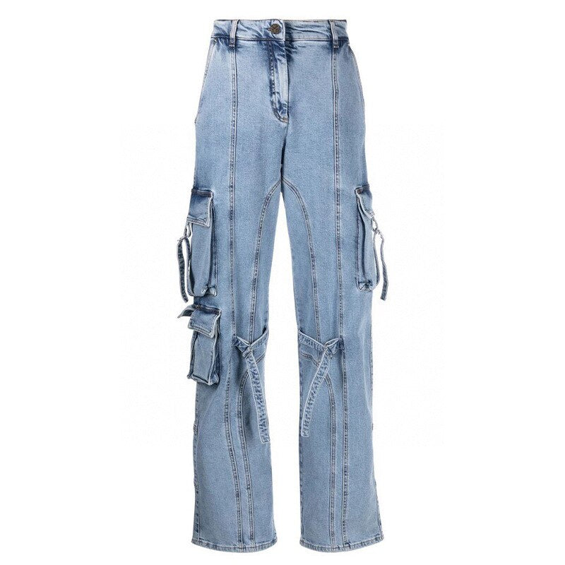 Women Denim Pants Spring Washed Multi Pocket Design Ladies Jeans Loose Casual Long Denim Trousers
