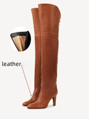 Simple and High Heels Over The Knee Sleeve Leather Boots Women's Large Round Knight Boots