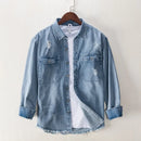 Spring Fall Denim Shirt Men Streetwear Ripped Jean Shirt