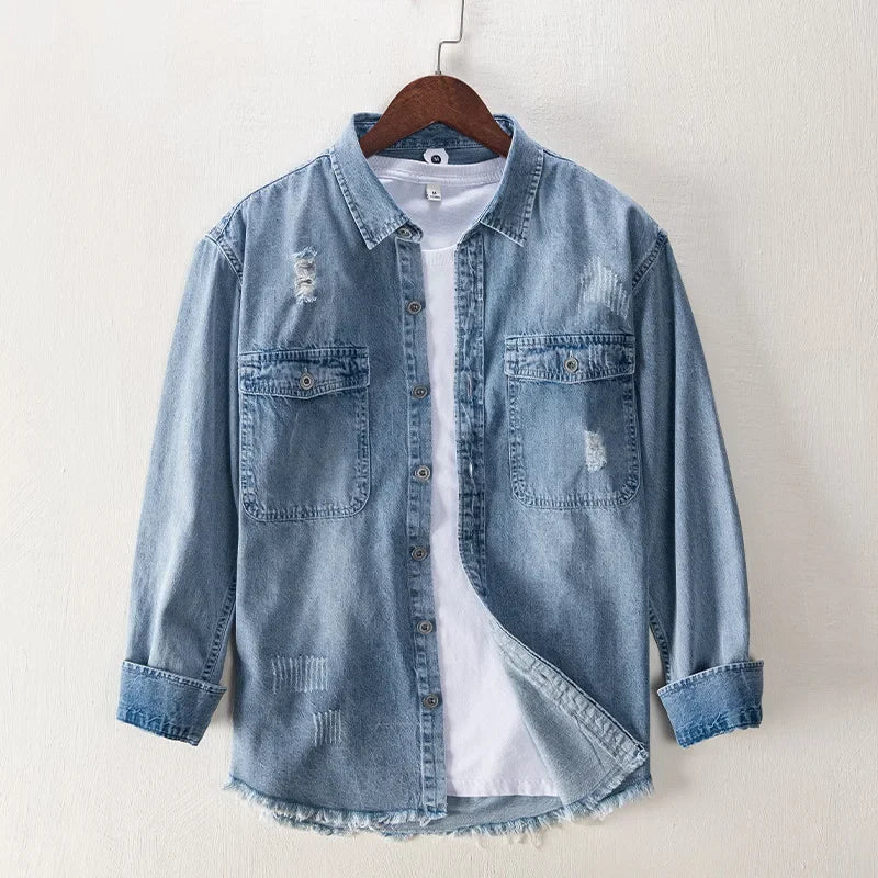Spring Fall Denim Shirt Men Streetwear Ripped Jean Shirt