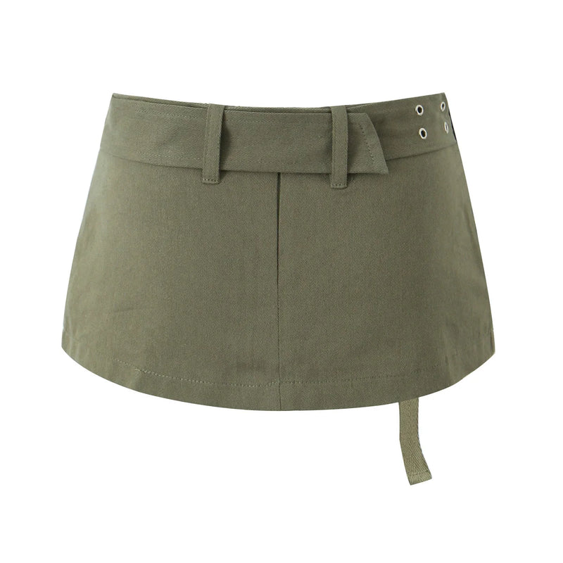 Mini Cargo Skirt Sexy Women Metal Eyelets Buckle Belt Side Double Pockets Hem Hot Skirts