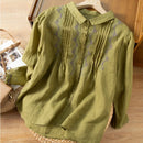 Linen Shirt for Women Summer Embroidery Blouses Top Turn-down Collar