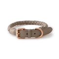 Brown braided leather dog collar with rose gold buckle on a white background, Obroi