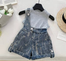 New Baby Girls Summer Slope Suspend Set T-shirt Jean Shorts Princess Cute Suits