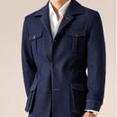 Navy blue coat with white shirt on a beige background, Obroi