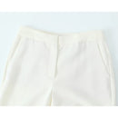 Women Vintage Mid Waist Full Length Flared Pants Elegant Office Ladies White Trousers