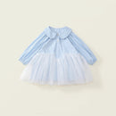 Girls Blue Collar Dress Spring Children Edition Striped Splicing Mesh Skirt