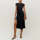 Dresses For Women Front Gathered Button Elegant Office Dress Round Neck Cap Sleeve Vintage Midi Dress With Slit