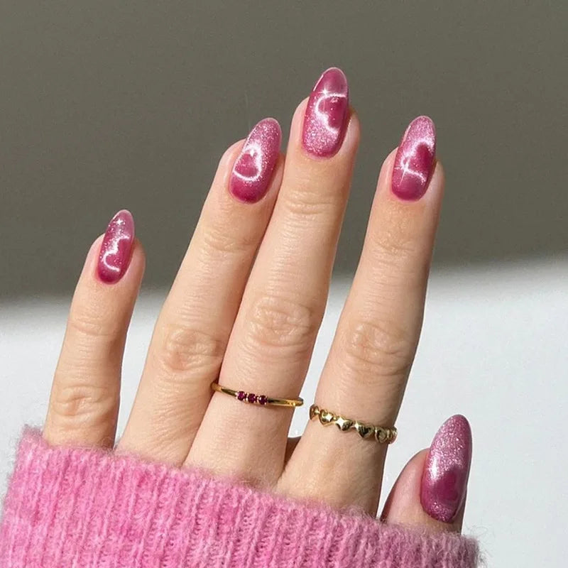 Wearable Almond Fake Nail with Halo Stained Purple Design Short Oval False Nails Round Head Press on Nails