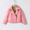 A pink faux leather moto jacket with an asymmetrical zipper, displayed on a wooden hanger against a plain white background, Obroi