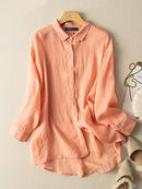 Women Cotton Loose Tops Tunic Casual Solid Lapel Blouse Long Sleeve Shirts Elegant Spring Button Up