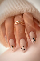 24pcs Base Press on Nails White Floral Black Line Gold Glitter Design Nail Short Almond Nail for Women&Girl