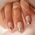 24pcs Base Press on Nails White Floral Black Line Gold Glitter Design Nail Short Almond Nail for Women&Girl