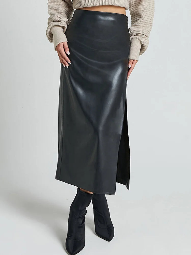 Leather Skirt With Slit For Women Slim High Waist Office Skirts Women