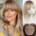 A collage showing a blonde wig with bangs worn by a model on the left, the wig on a white mannequin head on the upper right, and the underside with attachment tabs on the lower right, Obroi