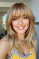 A collage showing a blonde wig with bangs worn by a model on the left, the wig on a white mannequin head on the upper right, and the underside with attachment tabs on the lower right, Obroi